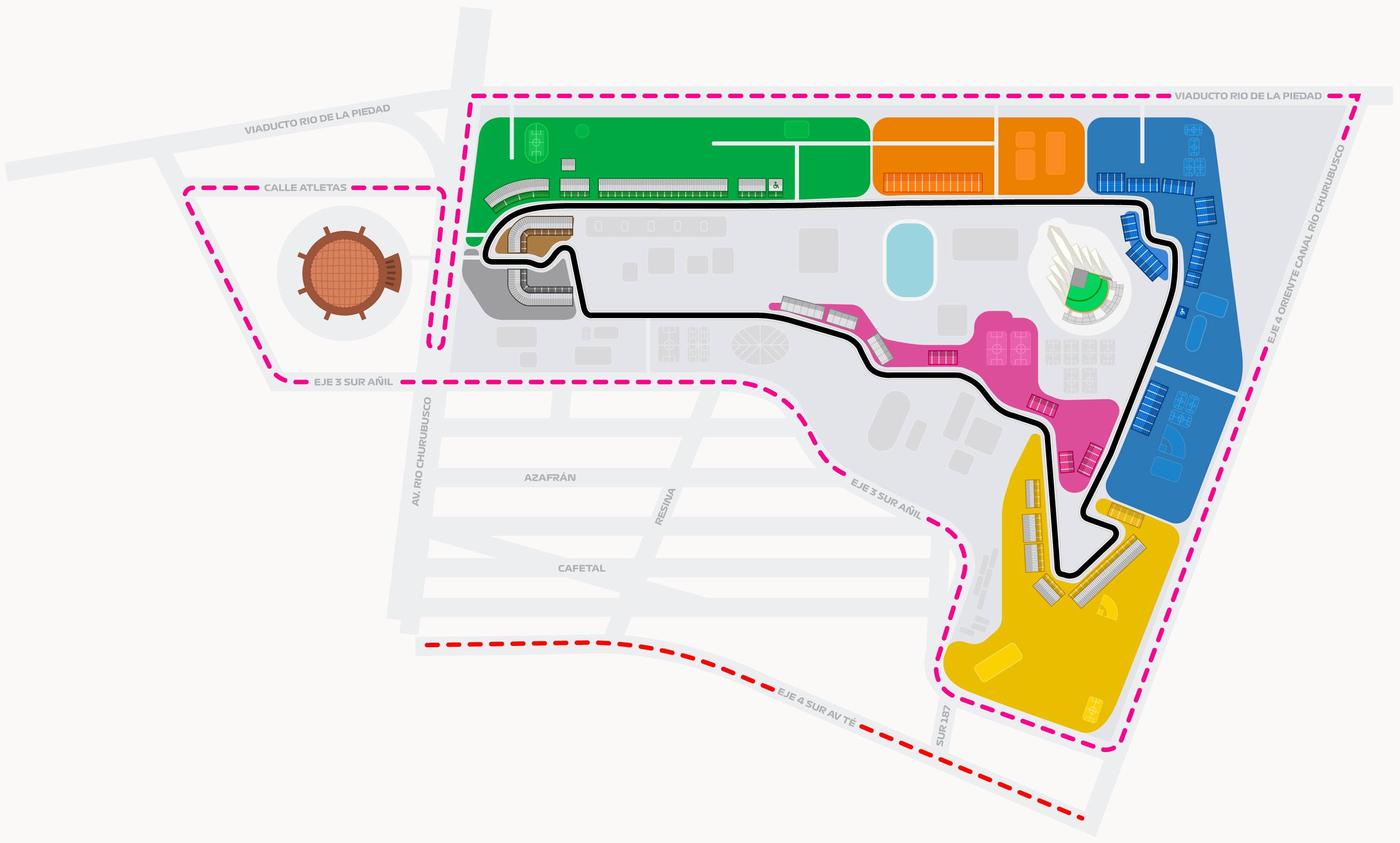 The organisers' 2026 map of the Autódromo Hermanos Rodríguez, showing the colour-coded ticket zones around the track
